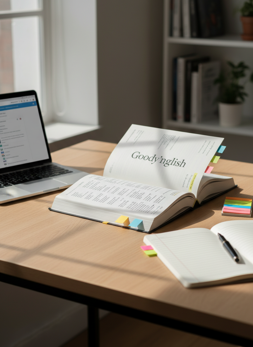 A neatly arranged English learning workspace featuring an open hardcover textbook labeled “Goody’nglish” on a smooth light oak desk. The pages show cleanly printed grammar examples and vocabulary lists with pastel-colored highlights and tidy margin notes. Around the book, a sleek silver laptop with a minimalist interface, a lined notebook with a fountain pen, and a set of color-coded sticky tabs create a sense of organization. Soft daylight from a nearby window washes across the desk, creating gentle shadows and subtle reflections on the laptop surface. Photographic realism at eye level, with a shallow depth of field that keeps the book in crisp focus while the background fades into a soft, professional blur, evoking a calm, studious, and trustworthy learning environment.